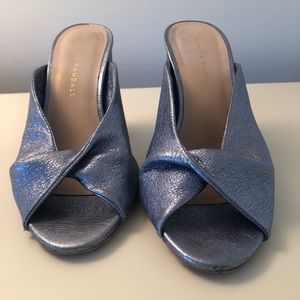 Loeffler Randall size 7 metallic blue chunky heel peep toe